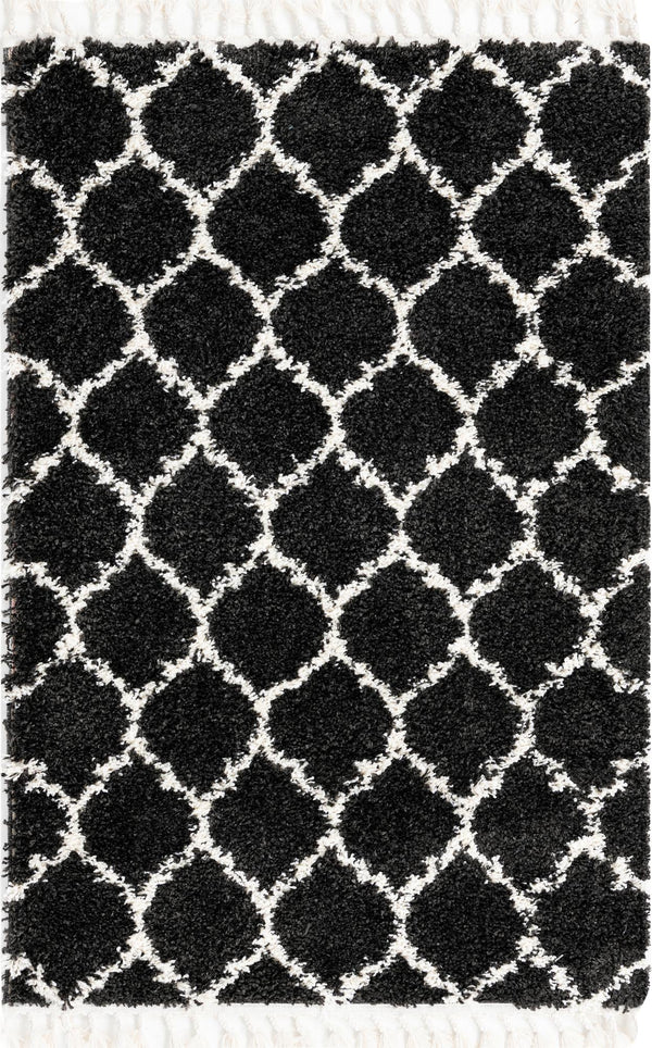 Unique Loom Hygge Shag Trellis Machine Made Trellis Rug Black and White,  5' 3" x 8' 0"