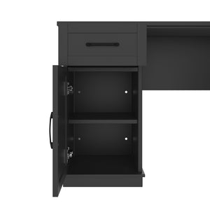 English Elm L-shaped computer desk with ample storage 11 shelves, 3 cabinets, 2 drawers, flip-up shelf for workspaces Black W1580S00189