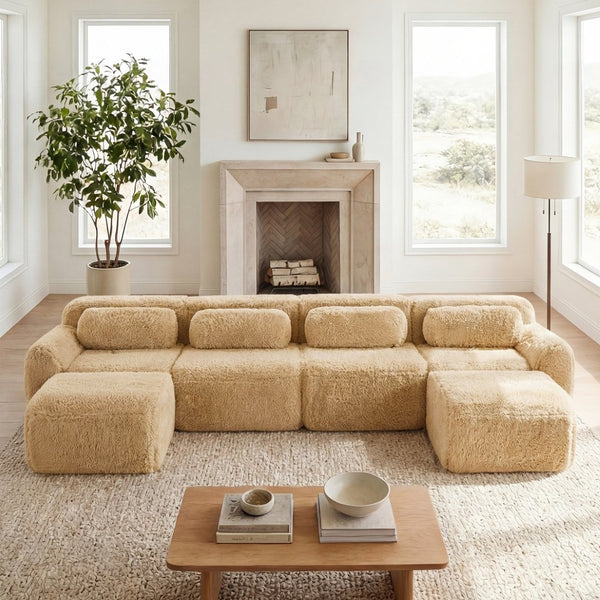 English Elm U-shaped Modular Sectional Sofa with Plush Fabric and High Resilience Foam for Living Rooms Light Khaki W714S01573