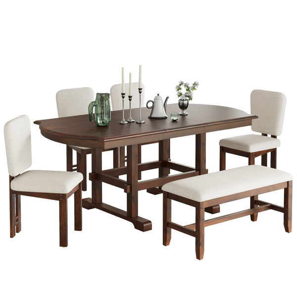English Elm TOPMAX Solid Wood Extendable Dining Set with 18" Removable Leaf, Bench & 4 Upholstered Chairs, Espresso SP000090AAP