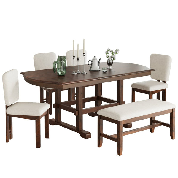 English Elm Topmax Extendable Rubberwood Dining Set Trestle Table Bench Four Upholstered Chairs N717S000090P