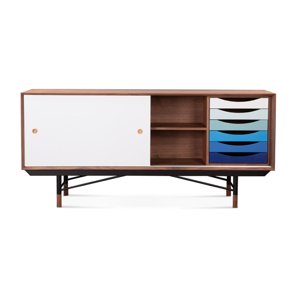 English Elm Finn Juhl Mid-century Walnut Veneer Sideboard with Sleek Steel Legs Dining Storage Blue,White B353S00012