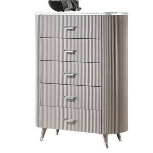 English Elm Unique Contemporary Chest with Cultured Stone Top, Reeded Panels, Silver Accents, Dovetail Drawers and Chrome Legs Light Gray 41 L x 21 W x 52 H B2741P370870