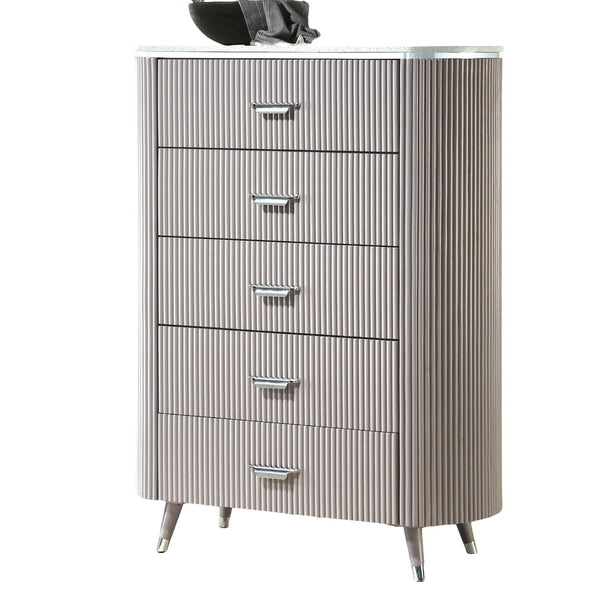 English Elm Unique Contemporary Chest with Cultured Stone Top, Reeded Panels, Silver Accents, Dovetail Drawers and Chrome Legs Light Gray 41 L x 21 W x 52 H B2741P370870