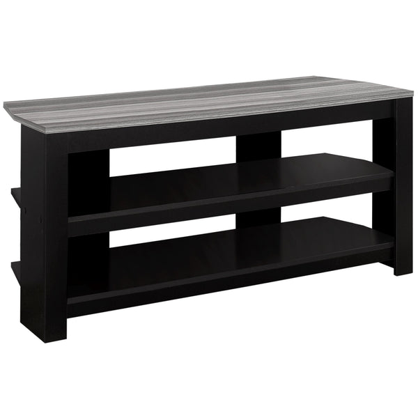 English Elm Tv 42 Inch Console TV Stand with Center Pedestal, Open Shelves, Black-Grey Laminate Finish, Modern Storage B2710P219073
