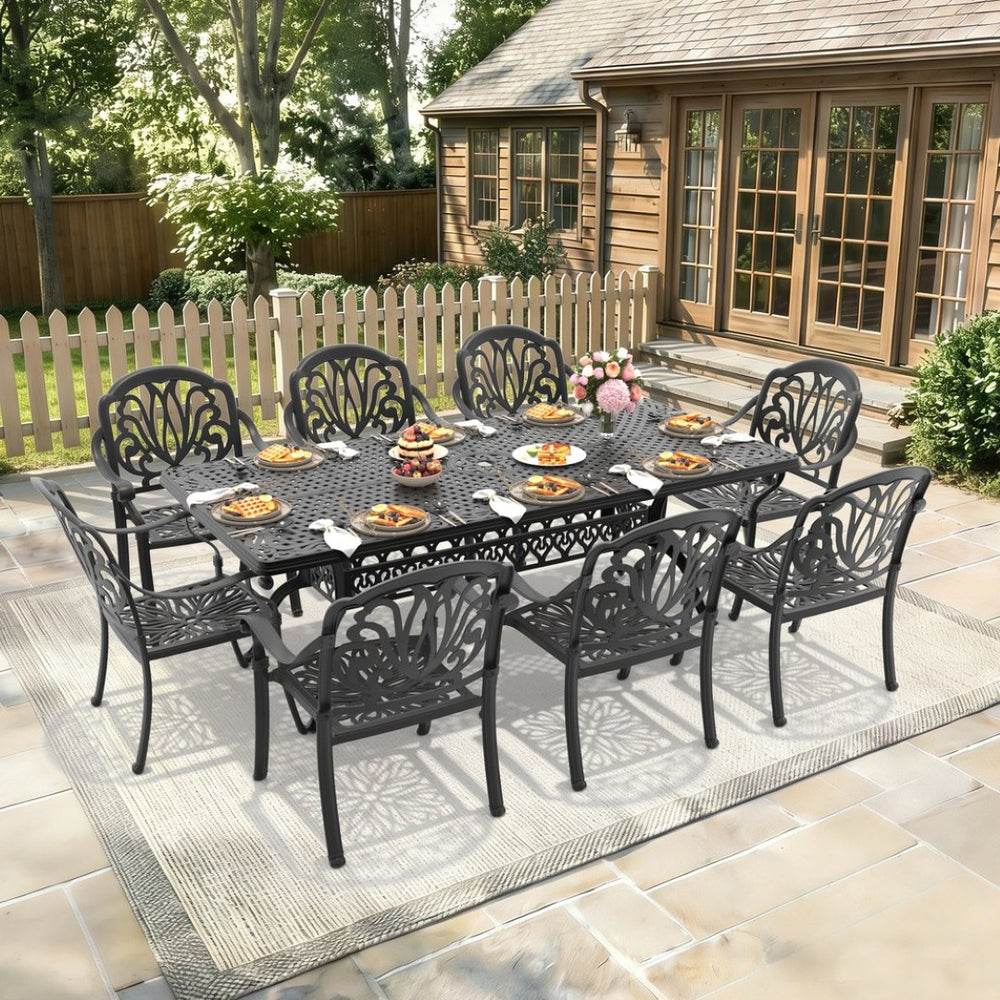 English Elm 9-piece Cast Aluminum Outdoor Dining Set Ornate Relief Carved Patio Garden Furniture W1710S00610