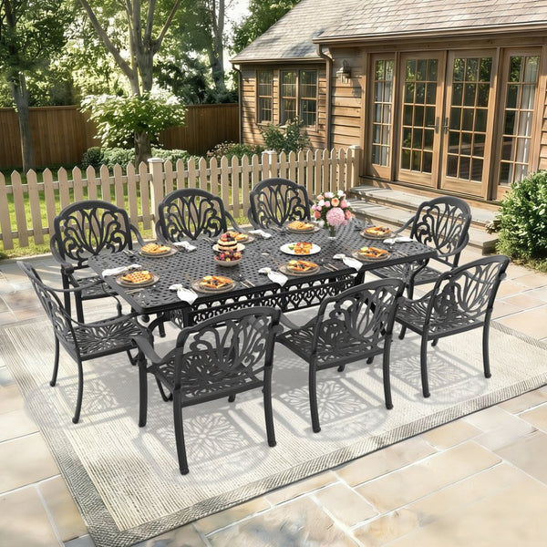 English Elm 9-piece Cast Aluminum Outdoor Dining Set Ornate Relief Carved Patio Garden Furniture W1710S00610