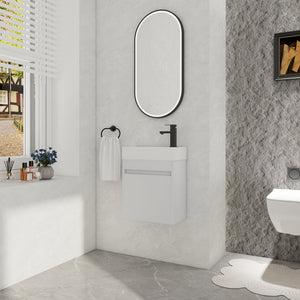 English Elm 18'' Floating Wall Vanity with Resin Sink, Open Shelf Storage, Eco-Friendly Plywood, Soft-Close Door White Straight Grain W99936243