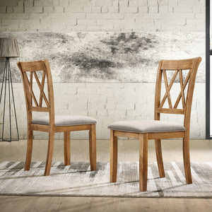 English Elm Windvale Round Farmhouse Dining Set Seats Four with Chenille Chairs Cottage Oak Finish T2574S00011