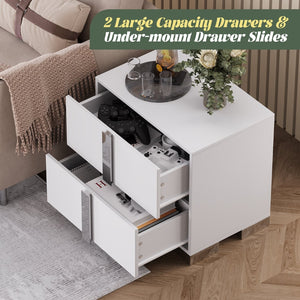 English Elm Modern Two Drawer Nightstand with Slim Metal Legs and Mirrored Bar Handles for Bedroom White W5271P416538