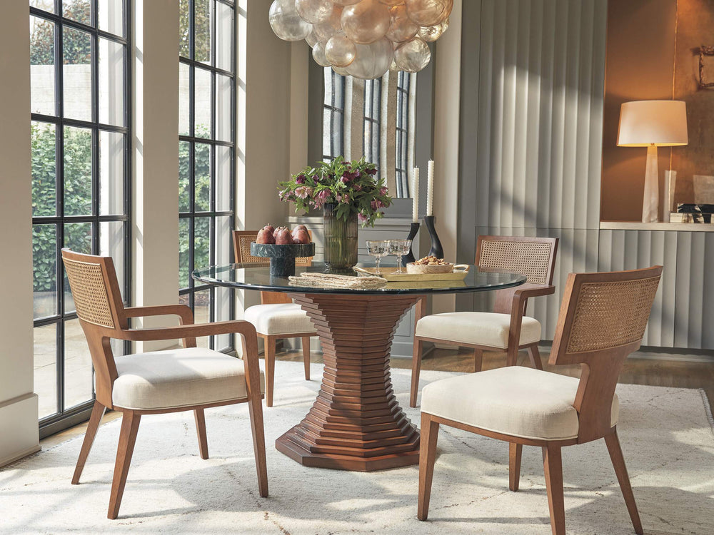 Lexington Cabrillo Round Tempered Glass Dining Table with Sculptural Urn Base in Satin Gold 420-874-54C