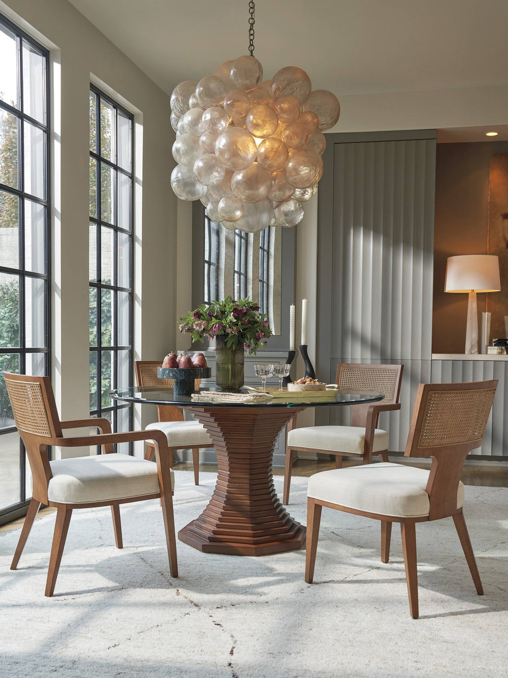 Lexington Cabrillo Round Tempered Glass Dining Table with Sculptural Urn Base in Satin Gold 420-874-54C