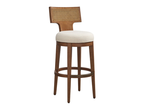 Lexington Calavera Woven Cane Swivel Barstool with Satin Gold Accents and Upholstered Seat 420-896-01