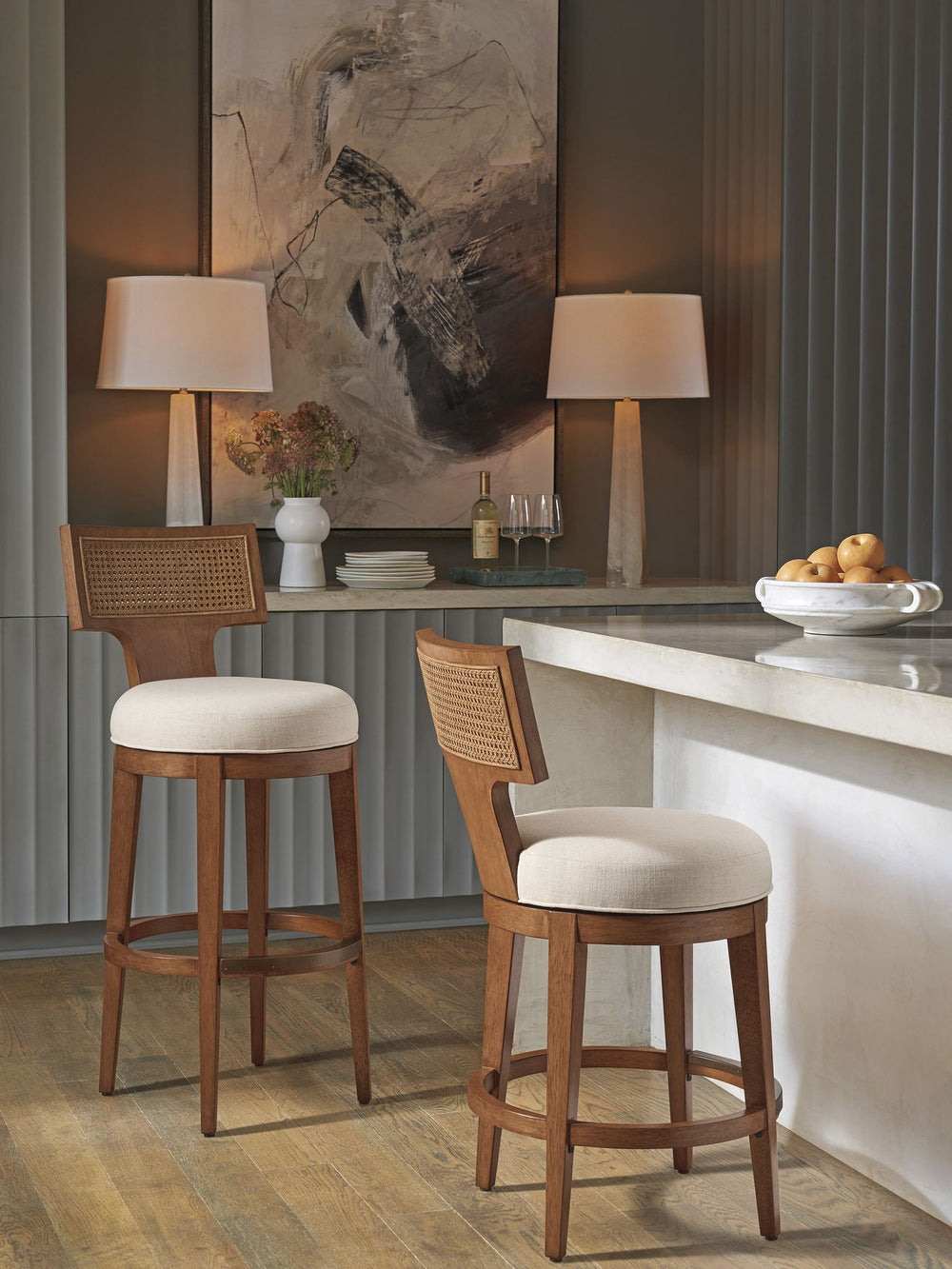 Lexington Calavera Woven Cane Swivel Barstool with Satin Gold Accents and Upholstered Seat 420-896-01