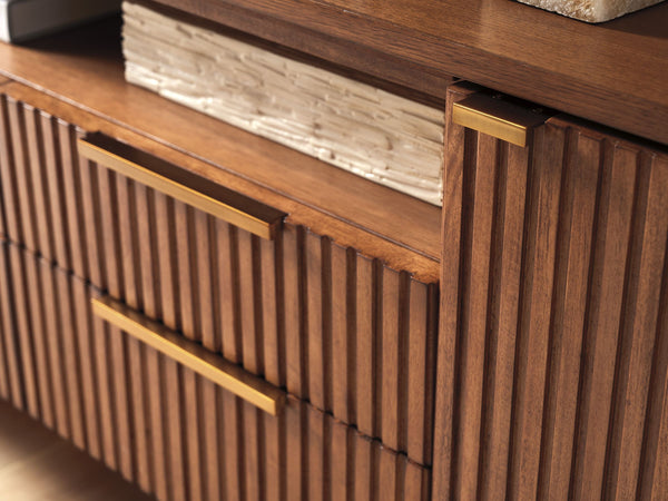 Lexington Crescent Bay Fluted Media Console with Marble Accents and Satin Gold Metal Base 420-907