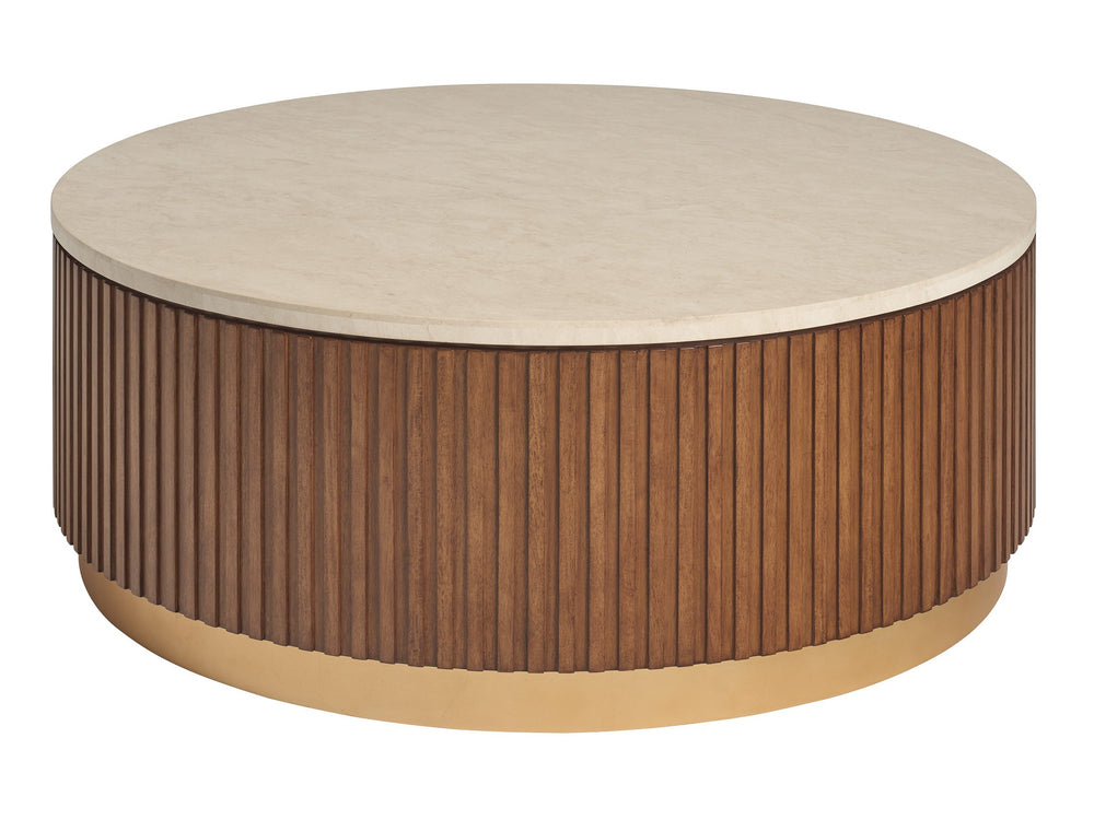 Lexington Avenida Marble Veneer Round Coffee Table with Fluted Edge and Satin Gold Plinth Base 420-943