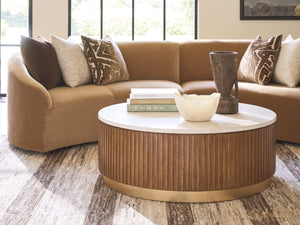 Lexington Avenida Marble Veneer Round Coffee Table with Fluted Edge and Satin Gold Plinth Base 420-943
