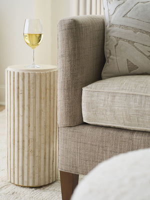 Culver Limestone Chairside Table with Satin Gold Accents Mid-century Sculptural Form