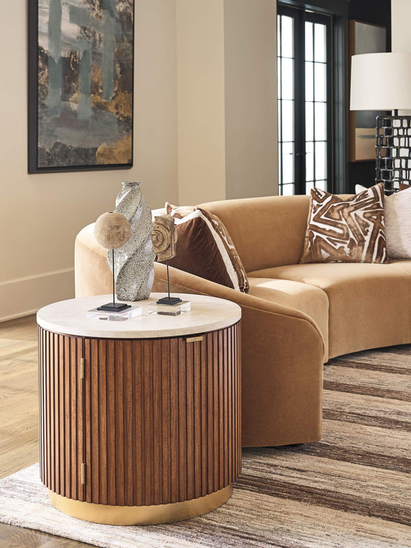 Lexington Avenida Round Marble Top End Table with Fluted Sides and Satin Gold Accents 420-953