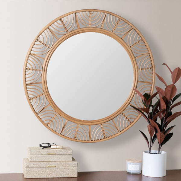 Cooper Classics Omari Round Wood Frame Wall Mirror Natural Grain Finish for Bohemian Coastal Rooms 42008