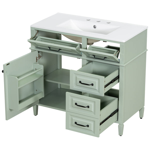 English Elm 36-Inch Modern Bathroom Vanity With Ceramic Sink, Adjustable Shelves, Flip Drawers & Metal Handles N725P350849F