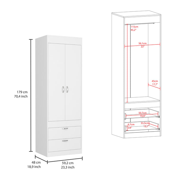 English Elm Lisboa White Armoire with Hanging Rod, Double Doors & Two Deep Drawers for Compact Organized Spaces B070P210737