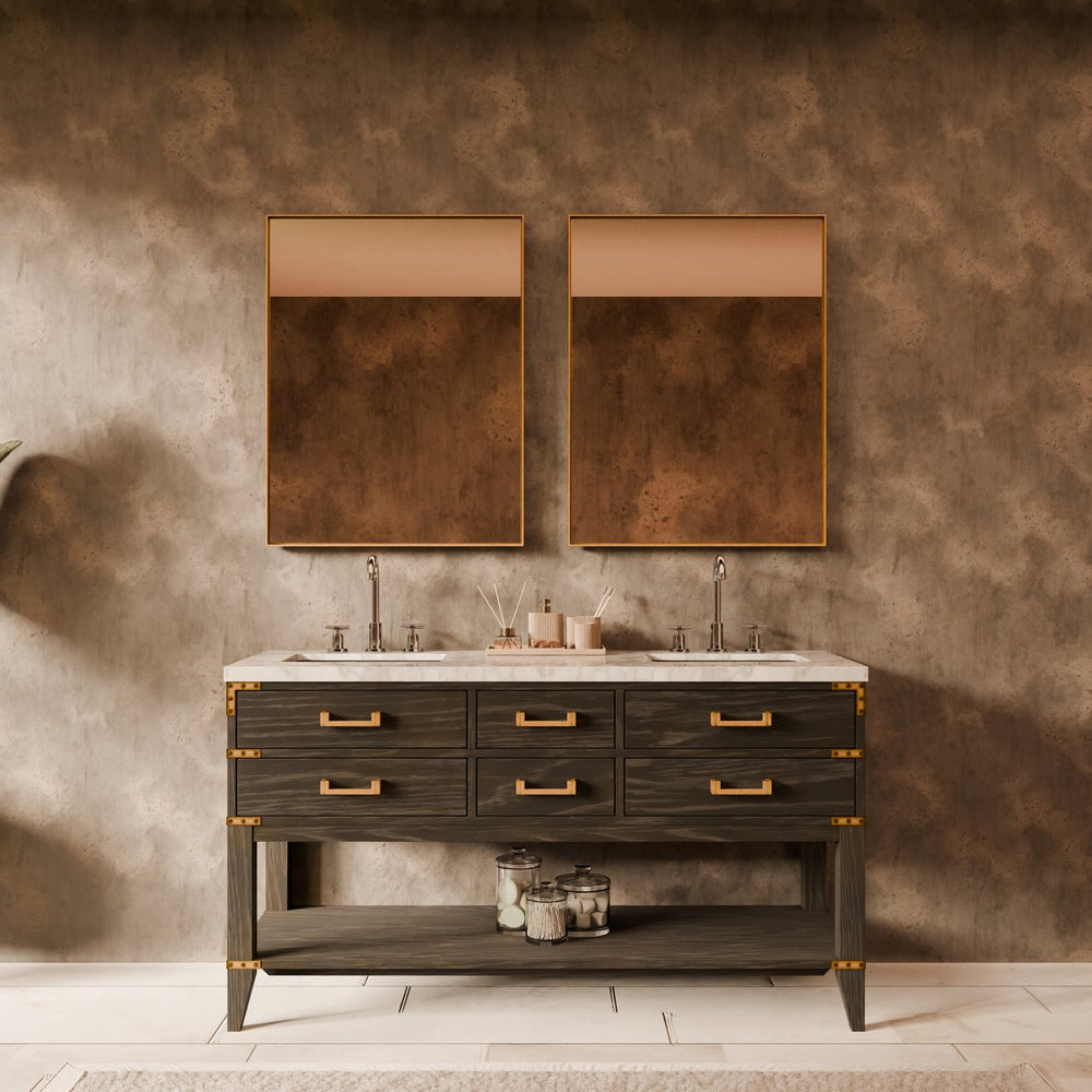 English Elm Black Oak Double Bath Vanity 60" W With Luxurious Carrara Marble Top & Ample Storage Solutions B2731P261032