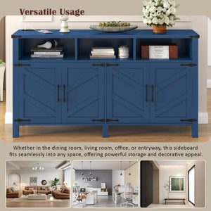 English Elm U_style 59 Inch Sideboard Buffet with Built in Power Outlets Open Cubbies Metal Accents Navy Blue N711P347407V