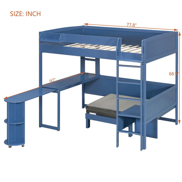 English Elm Full Size Loft Bed with Rotating Desk Led Lighting Sofa and Bookshelf Storage Navy Blue LT000200AAC