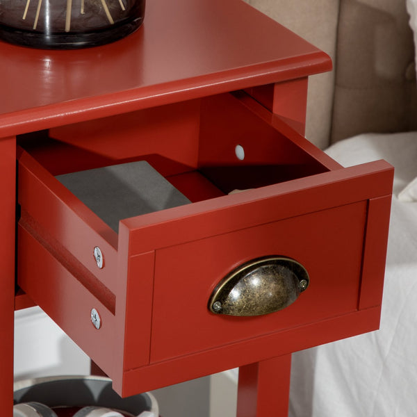 English Elm HOMCOM Narrow 2-Tier Side Table with Drawer and Elevated Shelf — Slim Accent End Table, Sturdy Storage Red W2225P200906