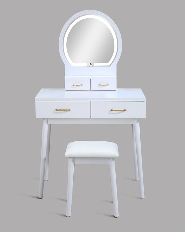 English Elm 3pc Vanity Set with LED Mirror and Cushioned Stool, Gold-Accented Handles, Sleek Modern Dressing Table White 21.75 L x 33.25 W x 13.5 H B011P378511