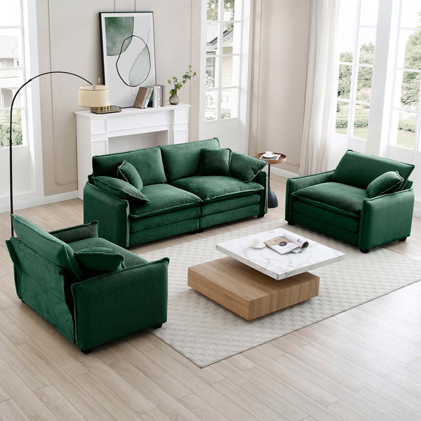 English Elm Luxurious Three-Piece Sofa Set In Green Corduroy - Plush Comfort For Living Rooms, Clubs & Home Theaters W714S00725