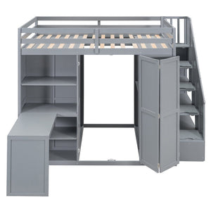 English Elm Full Size Loft Bed with Wardrobe Desk and Shelving for Modern Teen Bedroom Gray LT000679AAE-1