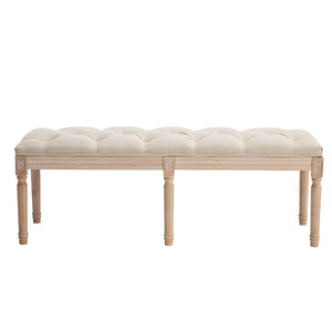 English Elm Bedroom Bench Linen Tufted Seat with Hand Carved Rubberwood Legs French Country Style W3244P500175
