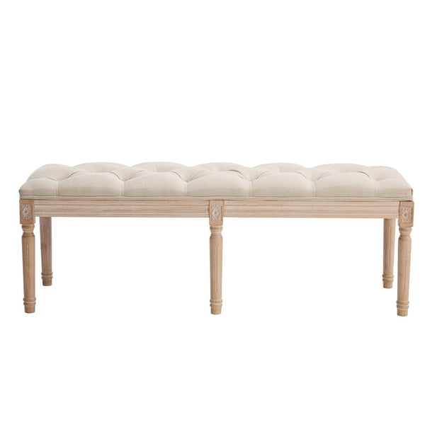 English Elm Bedroom Bench Linen Tufted Seat with Hand Carved Rubberwood Legs French Country Style W3244P500175