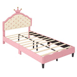 English Elm Twin Size Lovely Crown Fantasy Pu Leather Princess Bed With Tufted Headboard, Pink+Cream