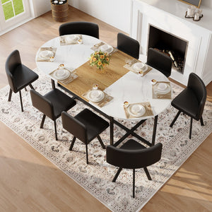English Elm 9-piece Oval Dining Set with Faux Marble Wood Top and Eight Black Pu Leather Chairs W3875S00151