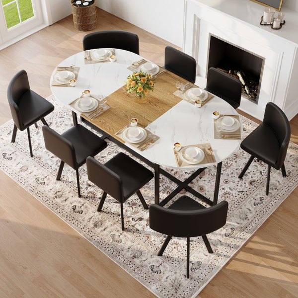 English Elm 9-piece Oval Dining Set with Faux Marble Wood Top and Eight Black Pu Leather Chairs W3875S00151