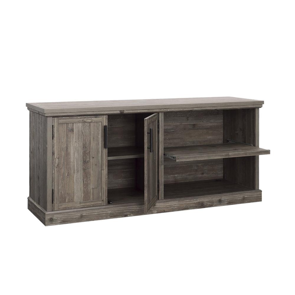 English Elm Credenza, Brown finish with adjustable shelves, concealed double-door storage, durable 1" top for display and workspace B356P367755