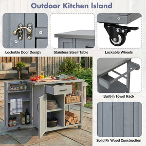 English Elm Foldable Outdoor Kitchen Cart with Stainless Worktop Fir Wood Frame and Lockable Wheels Grey N719P380278E