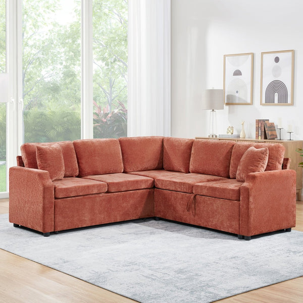 English Elm Sectional Sofa Bed - Stylish L-Shaped 81.9" Sleeper Sofa With Hidden Storage & Cozy Orange Chenille N719S002070G-GIGA