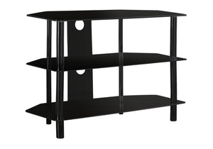 English Elm Tv Stand 36 Inch Console with 3 Tempered Glass Shelves, Black Metal Corner or Wall TV Media Center Glamorous Modern B2710P219066