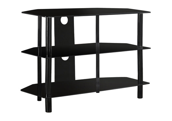 English Elm Tv Stand 36 Inch Console with 3 Tempered Glass Shelves, Black Metal Corner or Wall TV Media Center Glamorous Modern B2710P219066