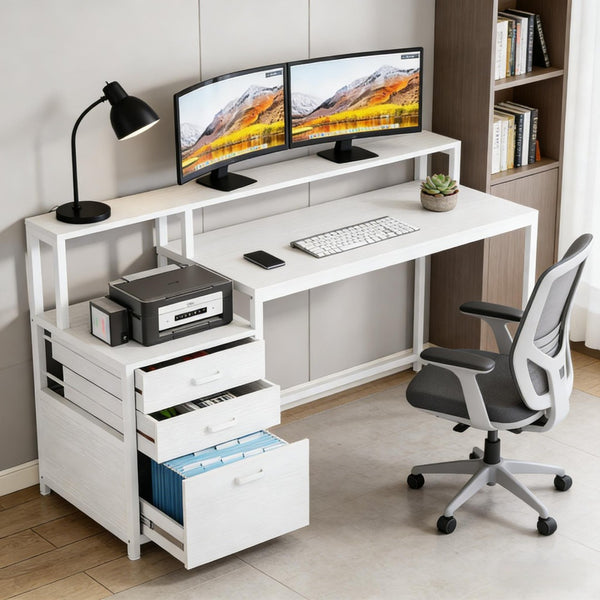 English Elm Sturdy Two-tier Computer Desk with File Cabinet and Monitor Riser for Home Office T3971P450718