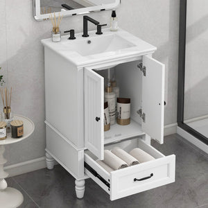 English Elm 20" Bathroom Vanity With Sink, Bathroom Cabinet With Two Doors, Magnetic Door Stopper and Adiustable Foot Pads, A Drawer, White