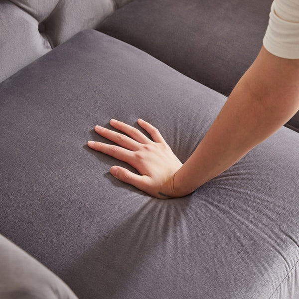 English Elm FX 61.25-inch Deluxe Velvet Sofa Chesterfield Tufted Design with 2 Pillows Metal Legs 500lbs Capacity Grey W1926S00069