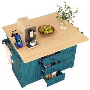 English Elm K&k Rolling Kitchen Island with Drop Leaves Power Outlet Drawers and Spice Rack Green N707S186617E