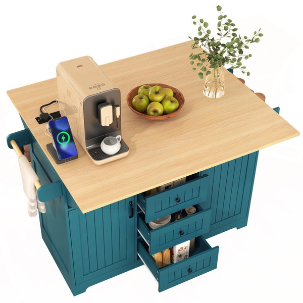 English Elm K&k Rolling Kitchen Island with Drop Leaves Power Outlet Drawers and Spice Rack Green N707S186617E