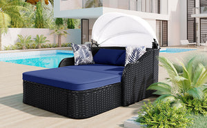 English Elm GO Outdoor Sun Bed with Adjustable Canopy, Durable PE Rattan Double Lounger, Zippered Cushions and Pillows for Easy Care and 500lb Capacity Black+Blue FG201223AAN