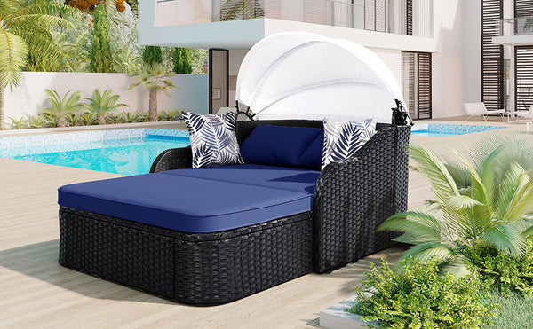 English Elm GO Outdoor Sun Bed with Adjustable Canopy, Durable PE Rattan Double Lounger, Zippered Cushions and Pillows for Easy Care and 500lb Capacity Black+Blue FG201223AAN
